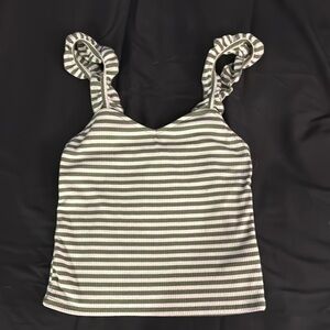 Striped Ruffle Strap Top - Green and White